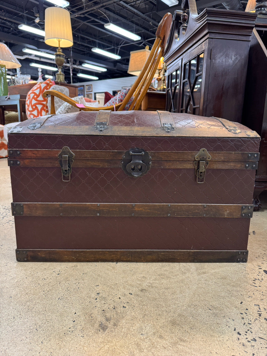 ANTIQUE Wood & Red Leather Rounded Top Trunk