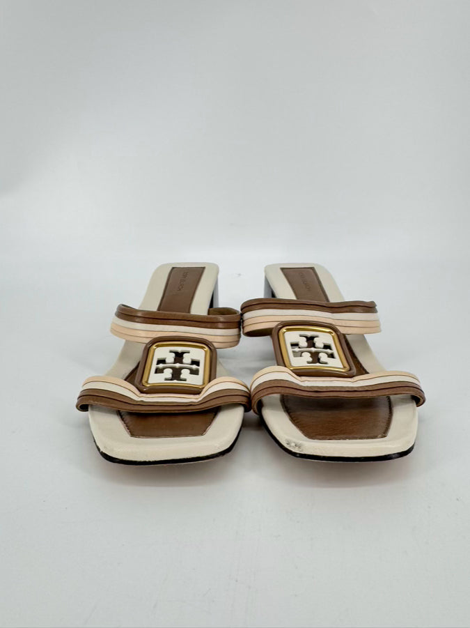 TORY BURCH Size 8.5 Brown & Cream Leather Logo Kitten Heels