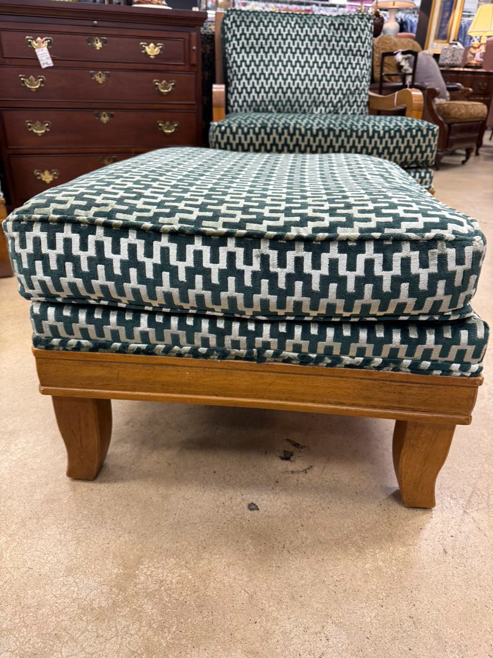 Wood Green Geometric Upholstered Pair of Chairs w/ Ottoman