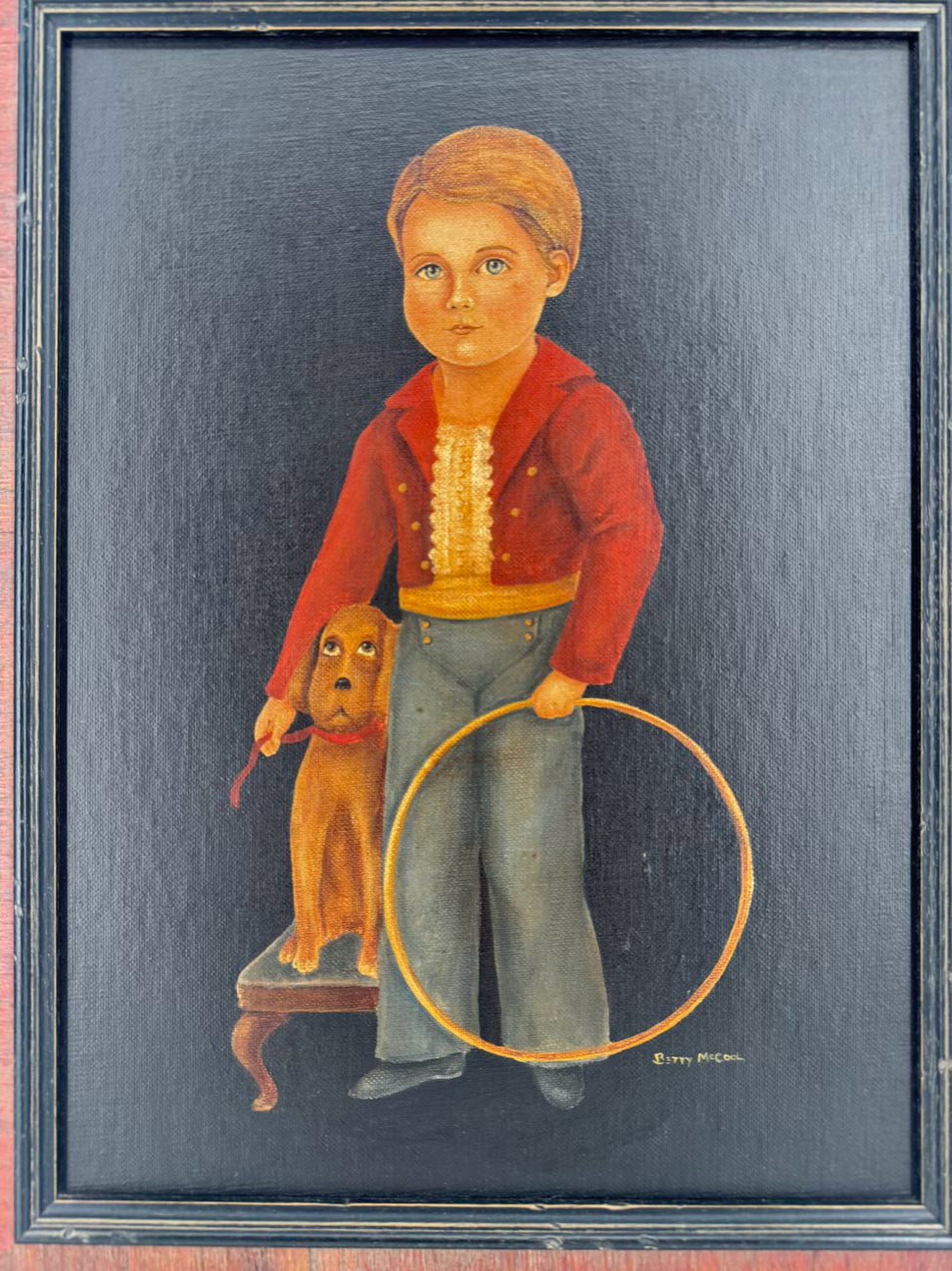 BETTY MCCOOL Vintage Look Boy w/ Dog Painting in Wood Frame