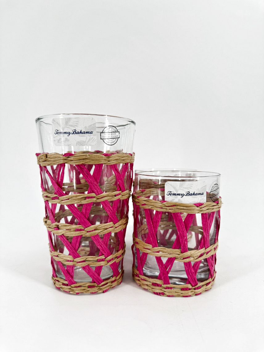TOMMY BAHAMA Pink Raffia Lattice Set of 4 Glasses