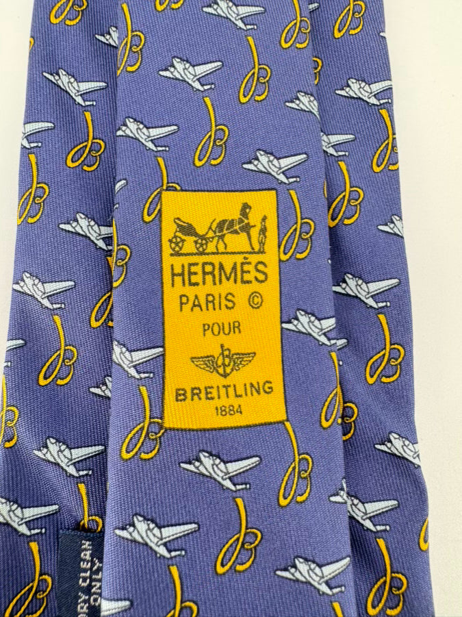 HERMES Blue & Yellow Airplane Silk Tie