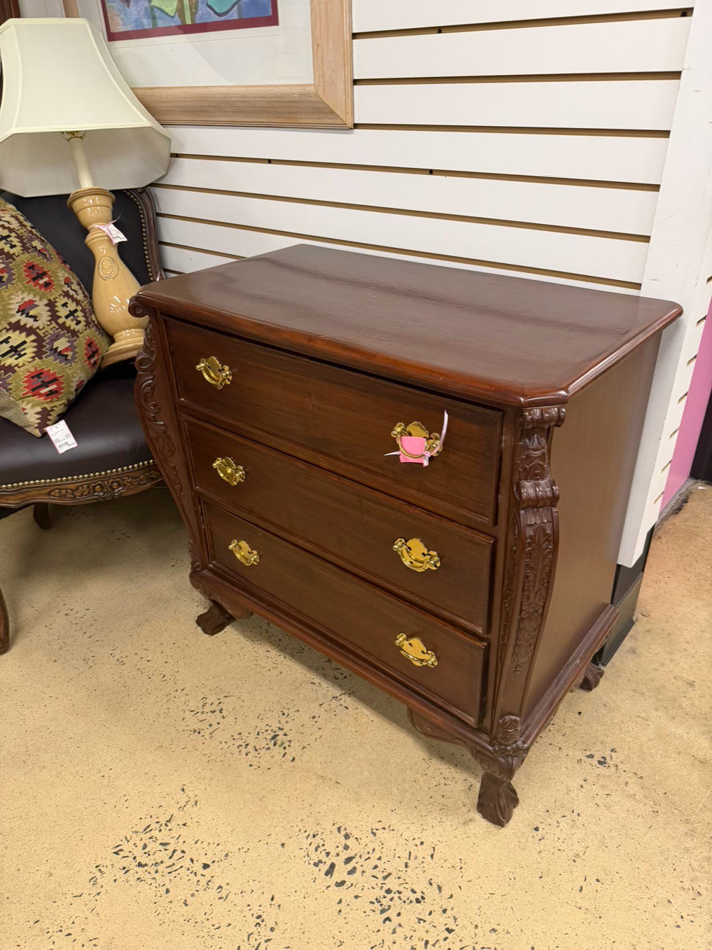 Ornate Dark Brown Wood 3 Drawer Chest