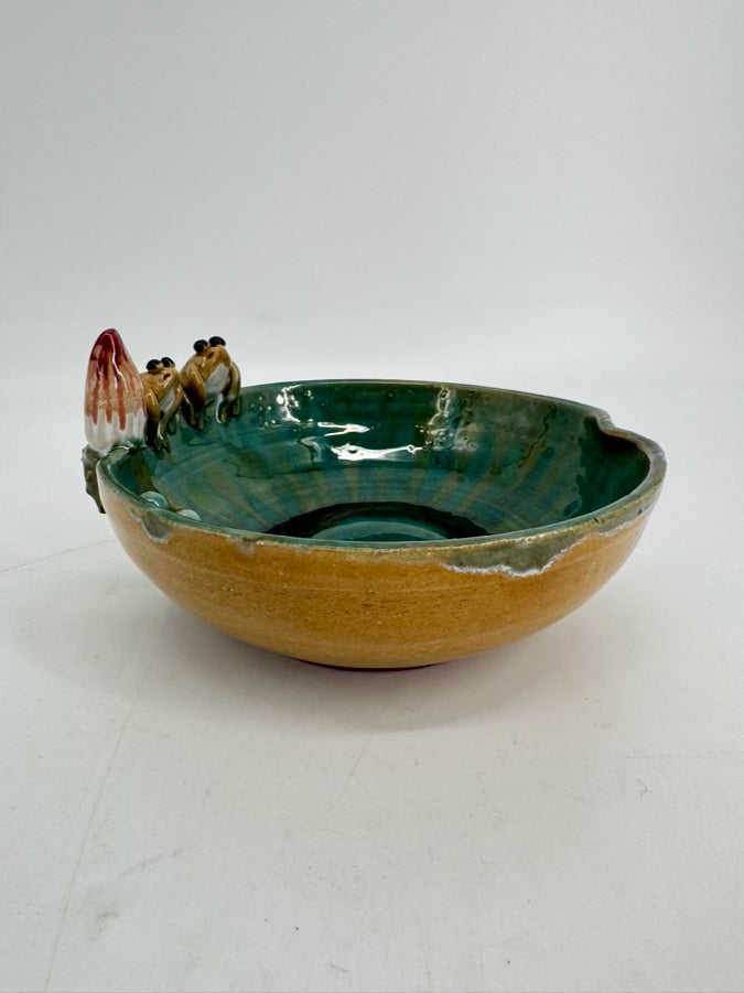 Green & Tan Pottery Frogs Small Bowl