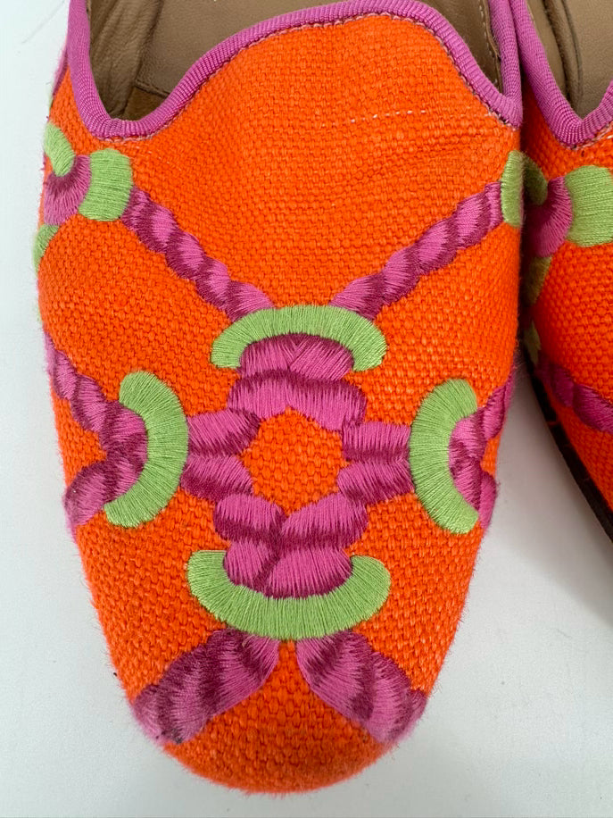STUBBS & WOOTTON Size 9.5 Orange & Pink Leather & Fabric Knot Mules