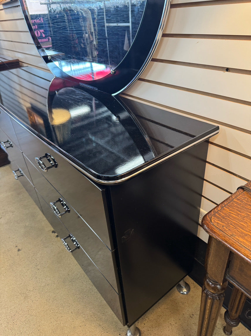 ASHLEY FURNITURE Black Laquer Dresser w/ Oval Mirror
