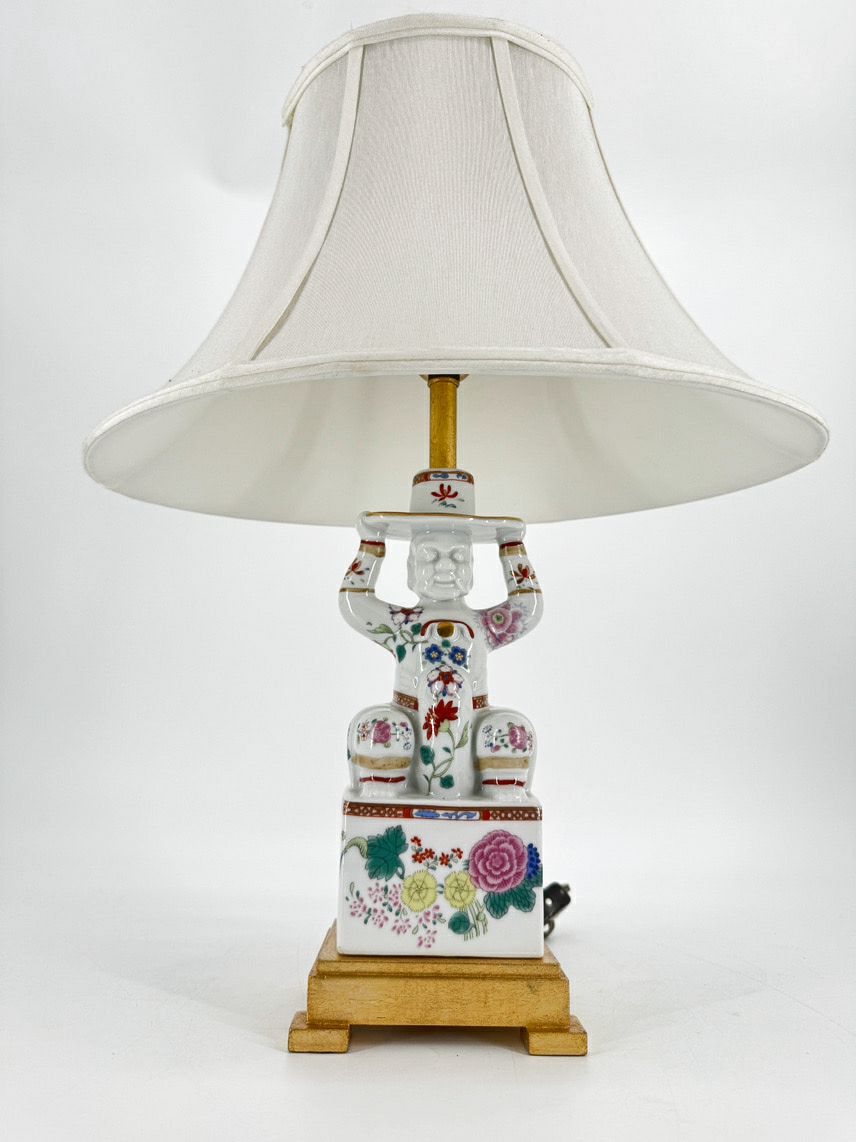 Pink & Green Man on Gold Base Porcelain Lamp