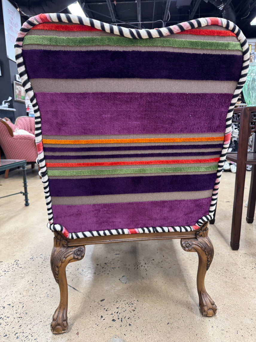 Purple & Orange Stripe Upholstered Queen Anne Ball & Claw Pair of Chairs