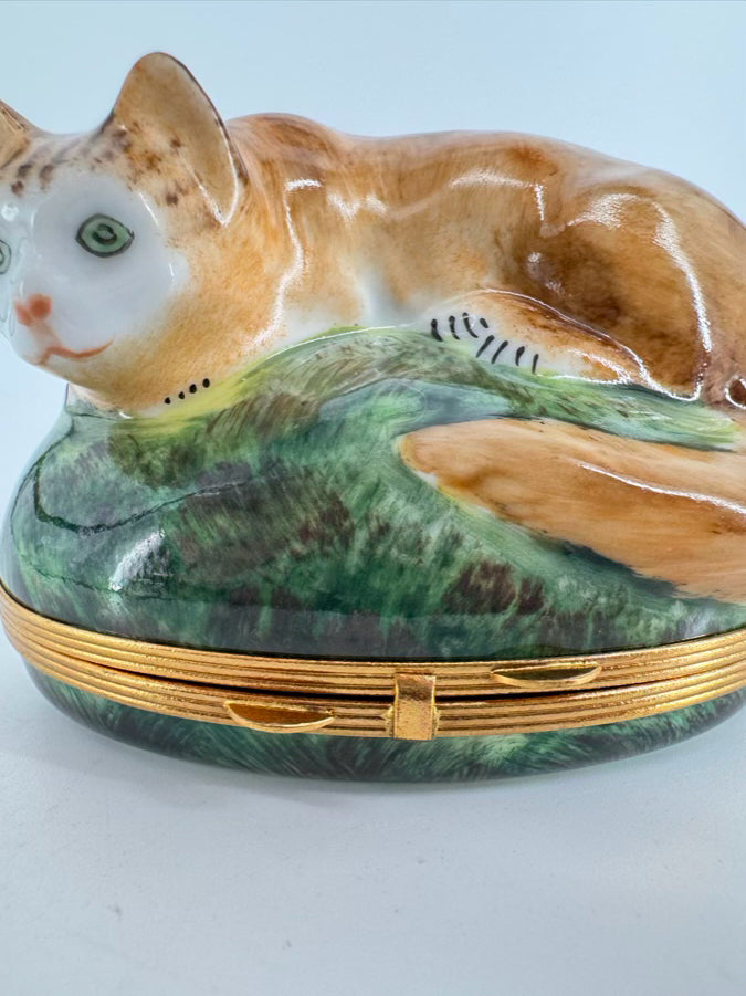 LIMOGES Brown & Green Cat Ceramic Trinket Box