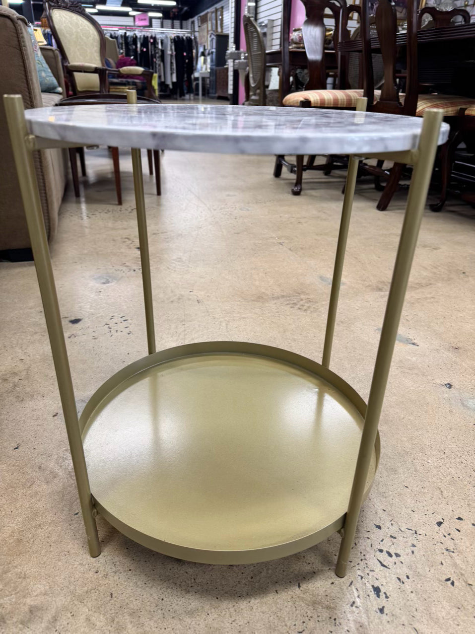 Gold & White Metal & Faux Marble Top Round Occasional Table