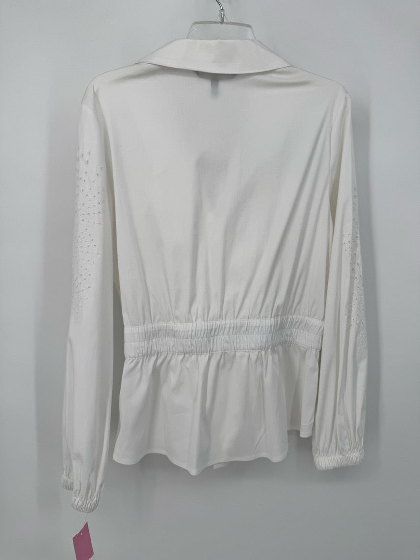 WHITE HOUSE BLACK MARKET Size L White Eyelet Tie Waist Blouse NWT