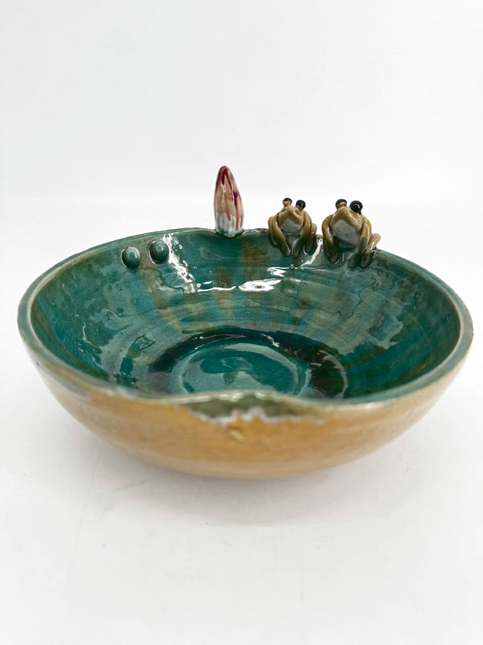 Green & Tan Pottery Frogs Small Bowl