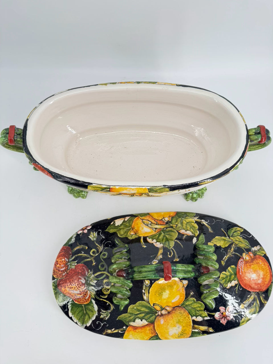 PORTUGAL Black, Green & Yellow Fruit Ceramic Footed Tureen w/ Lid