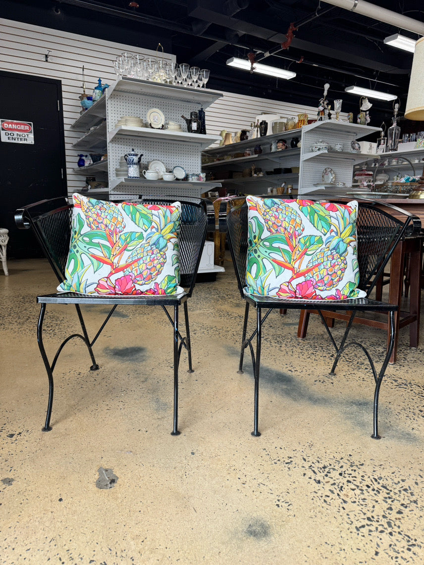 VINTAGE Black Wrought Iron Pair of Chairs w/ Pillows