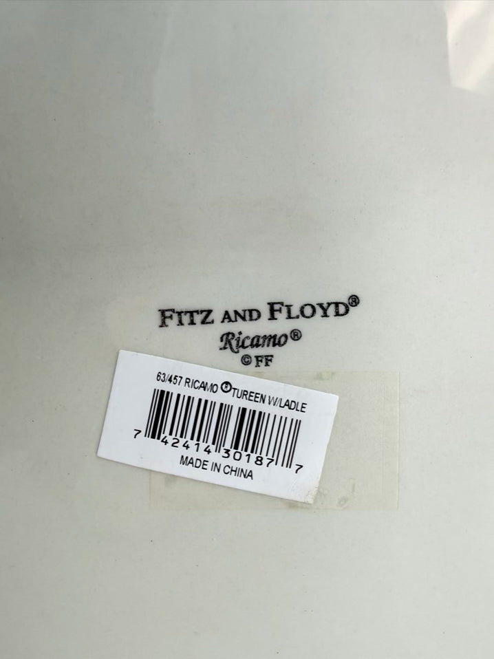 FITZ AND FLOYD RICAMO White, Yellow & Blue Rabbit Figural Soup Tureen w/ Ladle