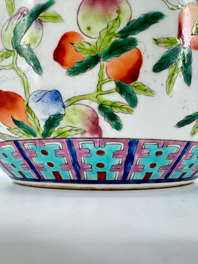 Aqua, Green & Pink Peaches Porcelain Famille Rose Cachepot