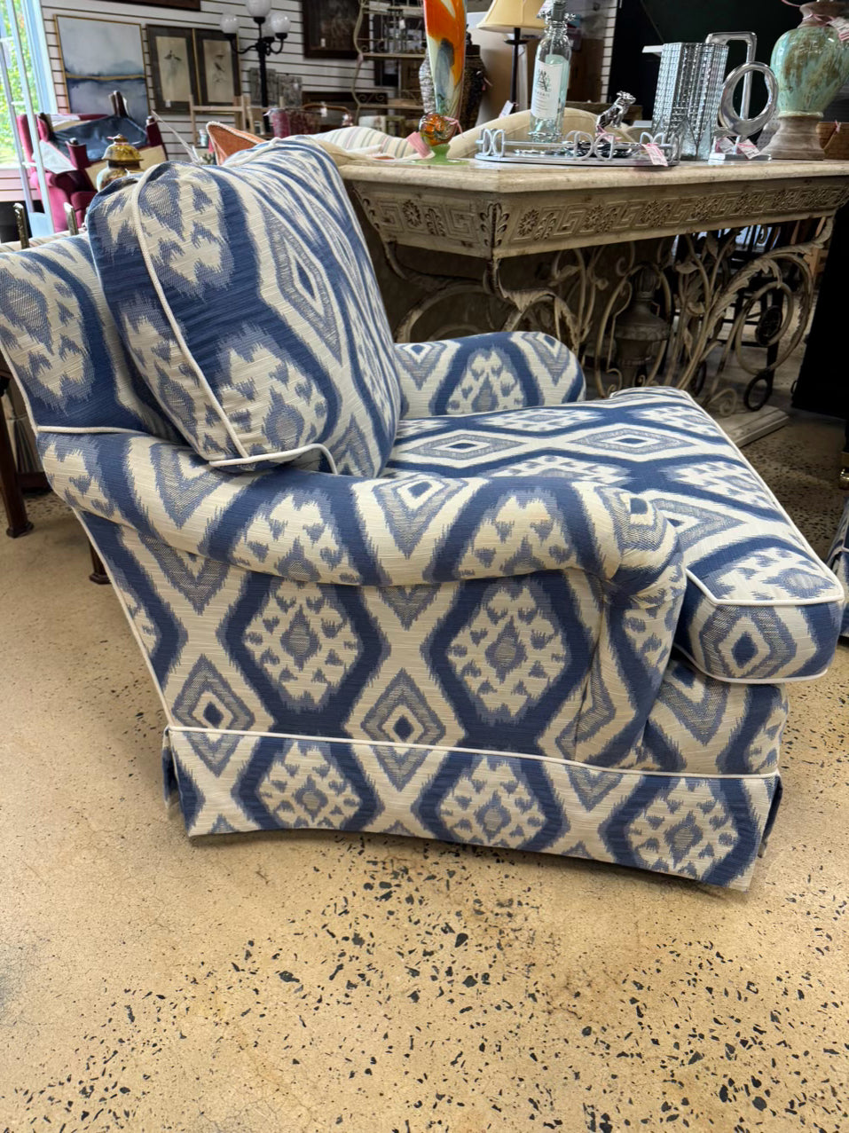 Blue & White Geometric Club Chair & Ottoman