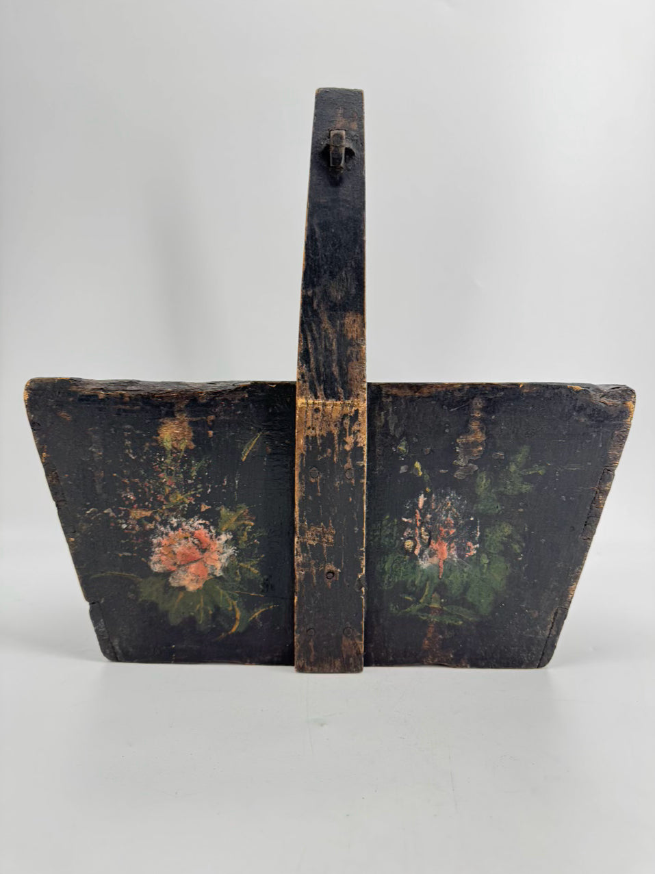 ANTIQUE Black Wood Painted Flowers Basket