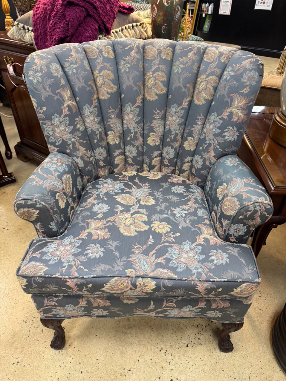 VINTAGE Blue & Pink Barrel Back Floral Chair w/ Queen Anne Legs