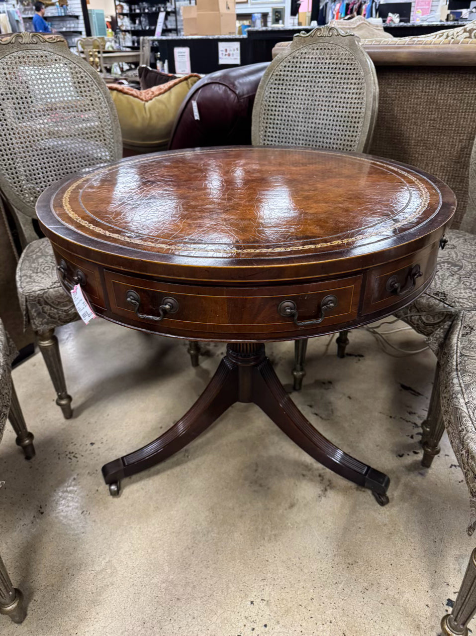 VINTAGE Wood Leather Top Round Occasional Table