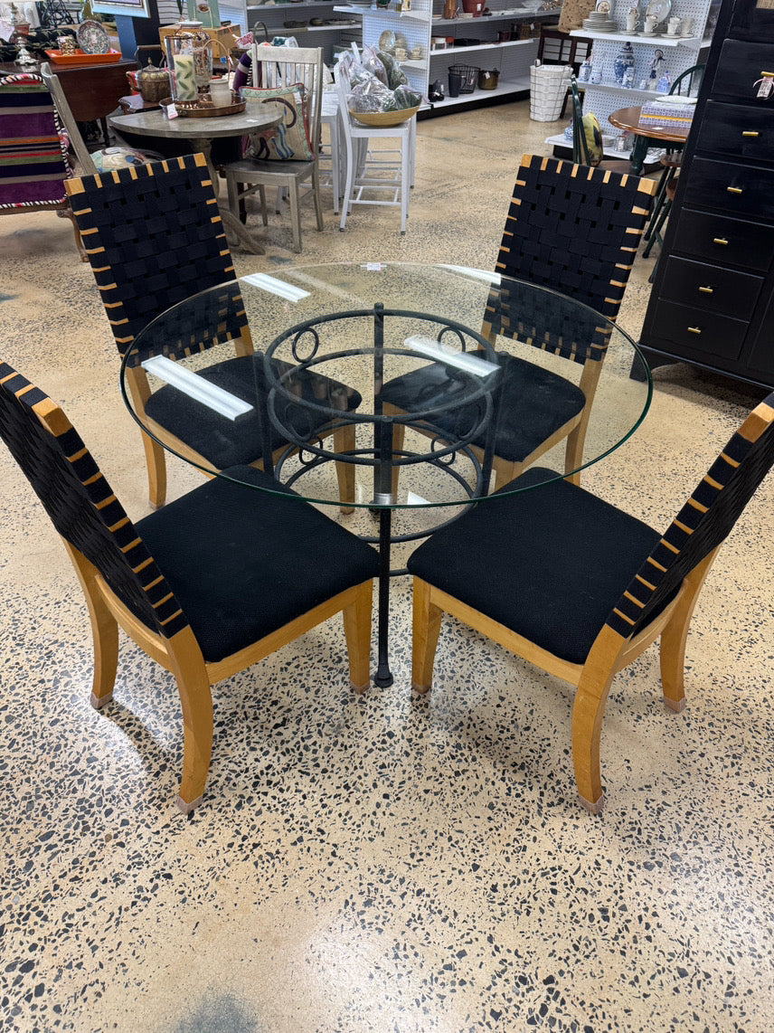 Black Wrought Iron Round Glass-Top Table w/ Set of 4 Wood Upholstered Woven Back Chairs
