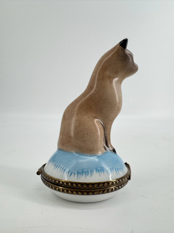 LIMOGES Gray & Blue Siamese Cat Ceramic Trinket Box