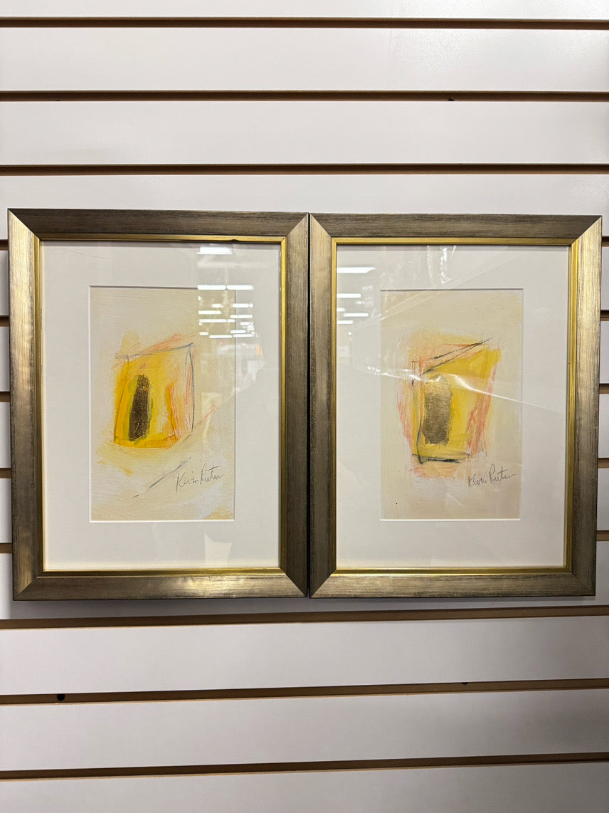 REVA RUTA Mixed Media Pair of Artwork in Gold Frames