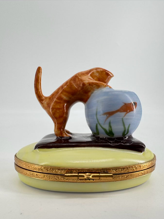 LIMOGES Orange & Blue Cat & Fishbowl Ceramic Trinket Box