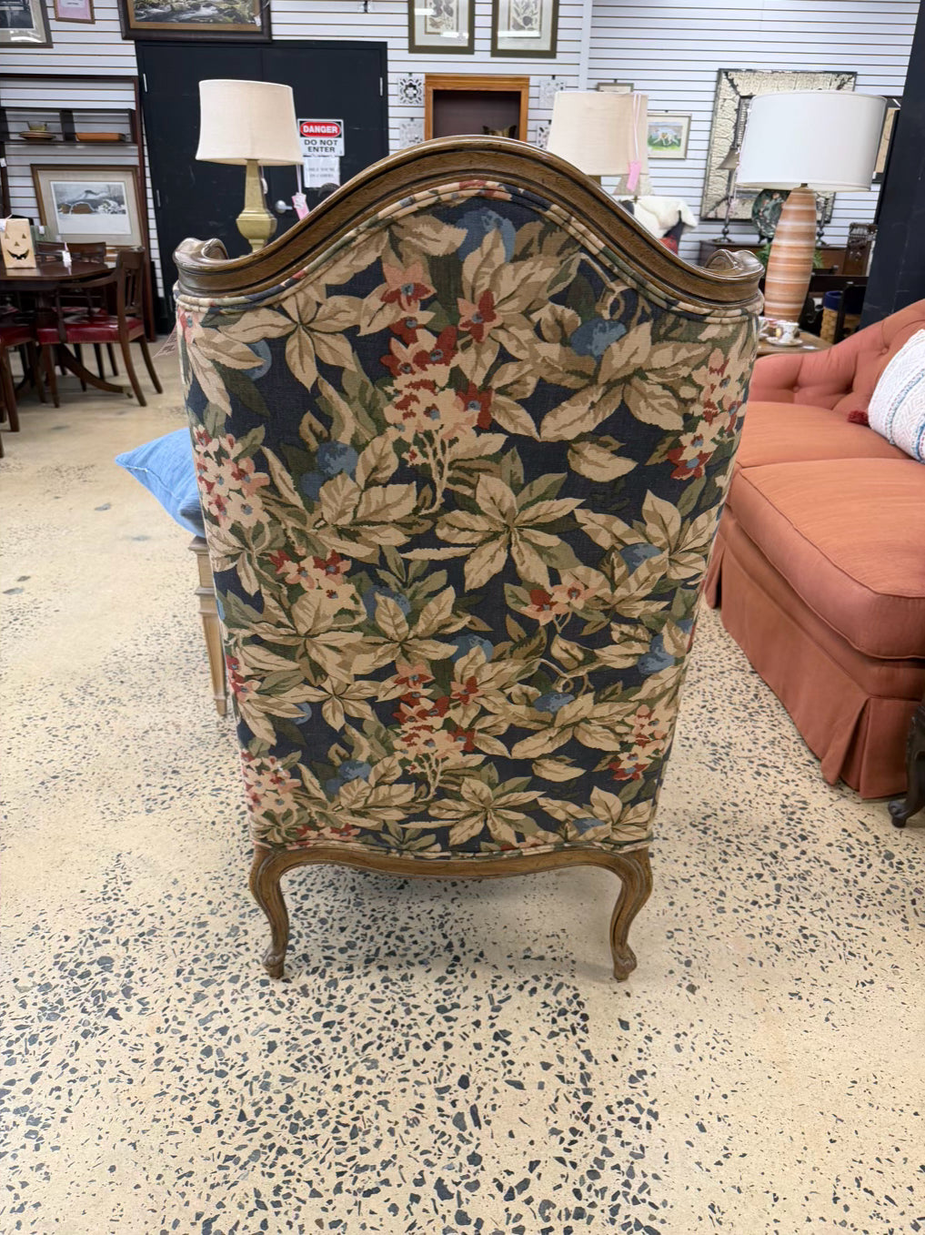 VINTAGE Blue, Red, & Cream French Floral Fabric Chair