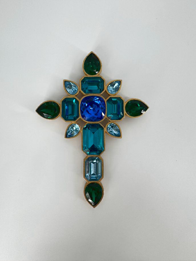 MARY FROST Gold Tone Colorful Rhinestones Cross Brooch