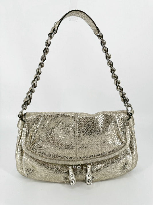 COACH Silver Textured Leather Frame Fold Over Hobo Purse
