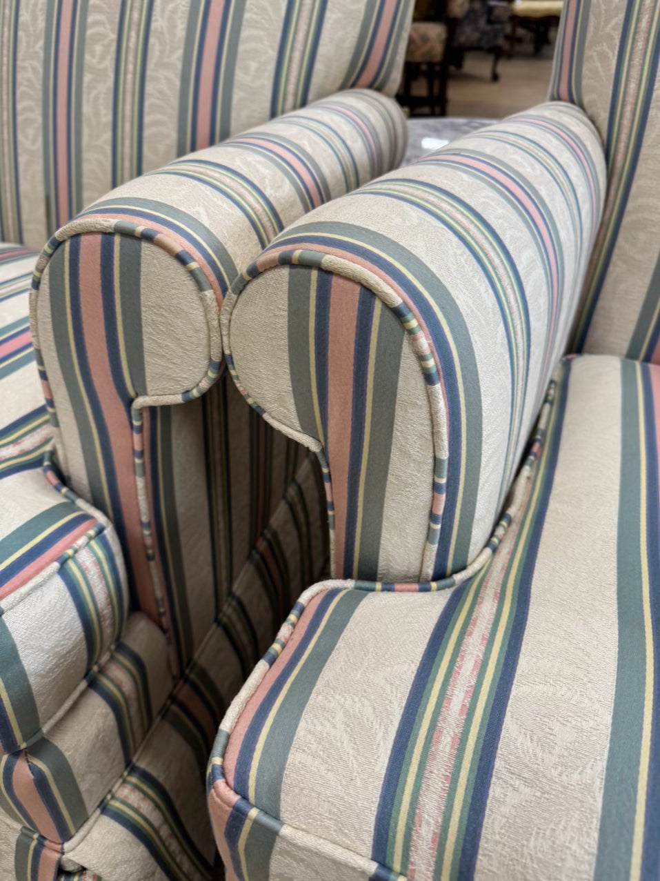 VANGUARD Cream, Blue & Pink Stripe Pair of Club Chairs