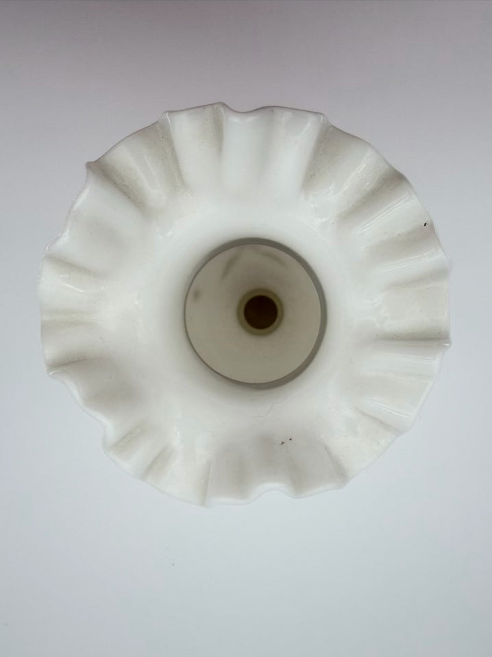 VINTAGE White Opaline Pair Of Vases w/ Ruffled Top & Gold Trim
