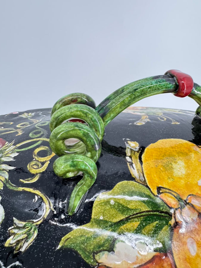 PORTUGAL Black, Green & Yellow Fruit Ceramic Footed Tureen w/ Lid