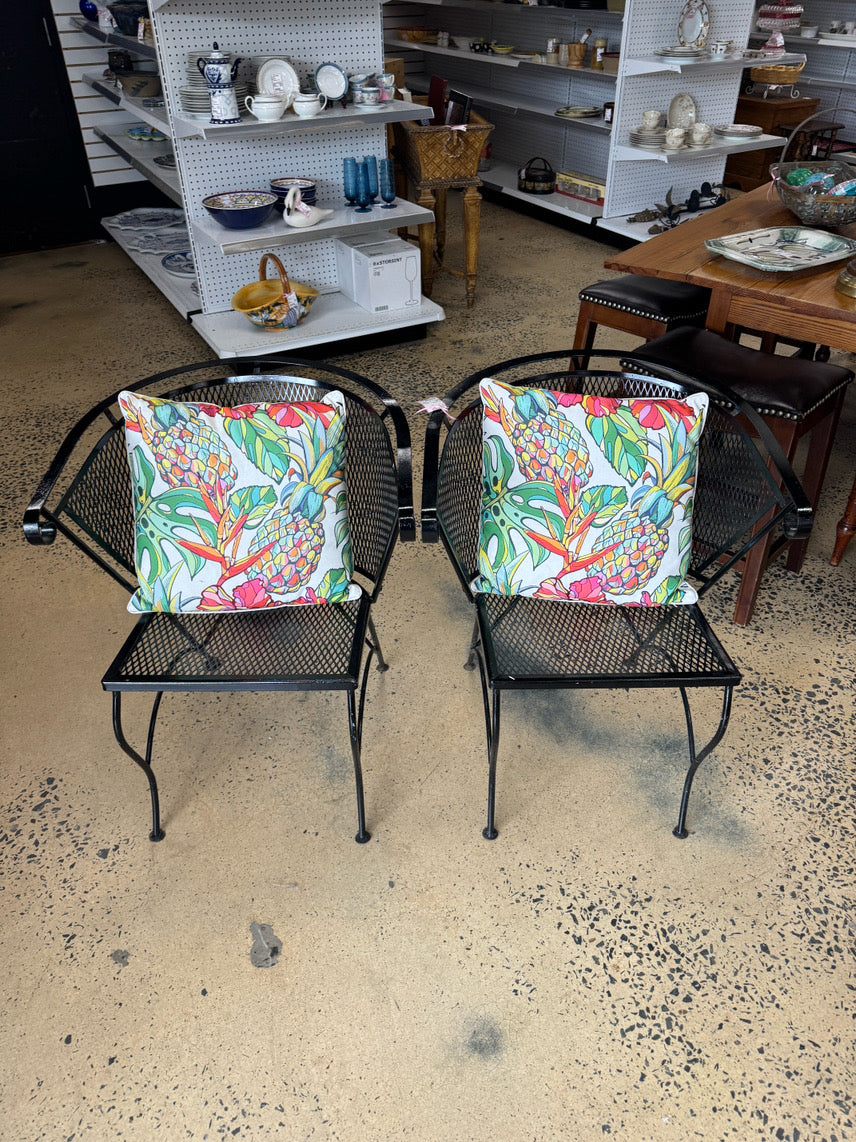 VINTAGE Black Wrought Iron Pair of Chairs w/ Pillows