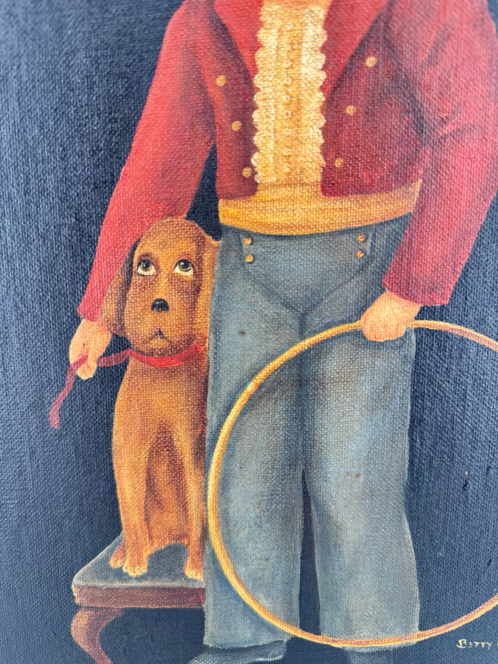 BETTY MCCOOL Vintage Look Boy w/ Dog Painting in Wood Frame