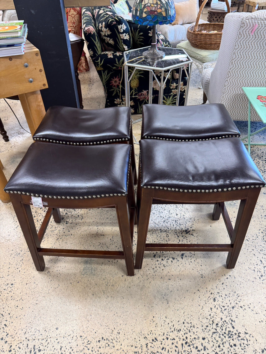 Brown Leather-look Set of 4 Counter Stools w/ Nailheads