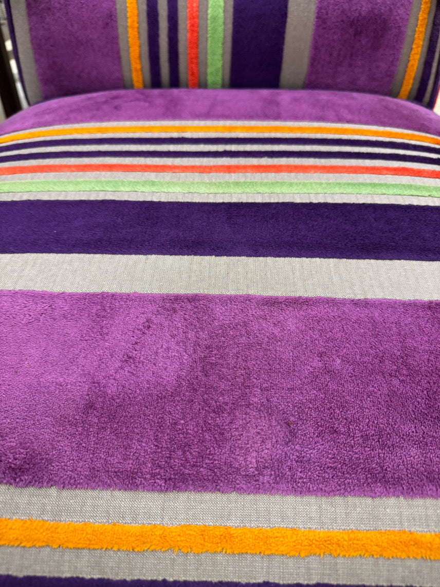 Purple & Orange Stripe Upholstered Queen Anne Ball & Claw Pair of Chairs