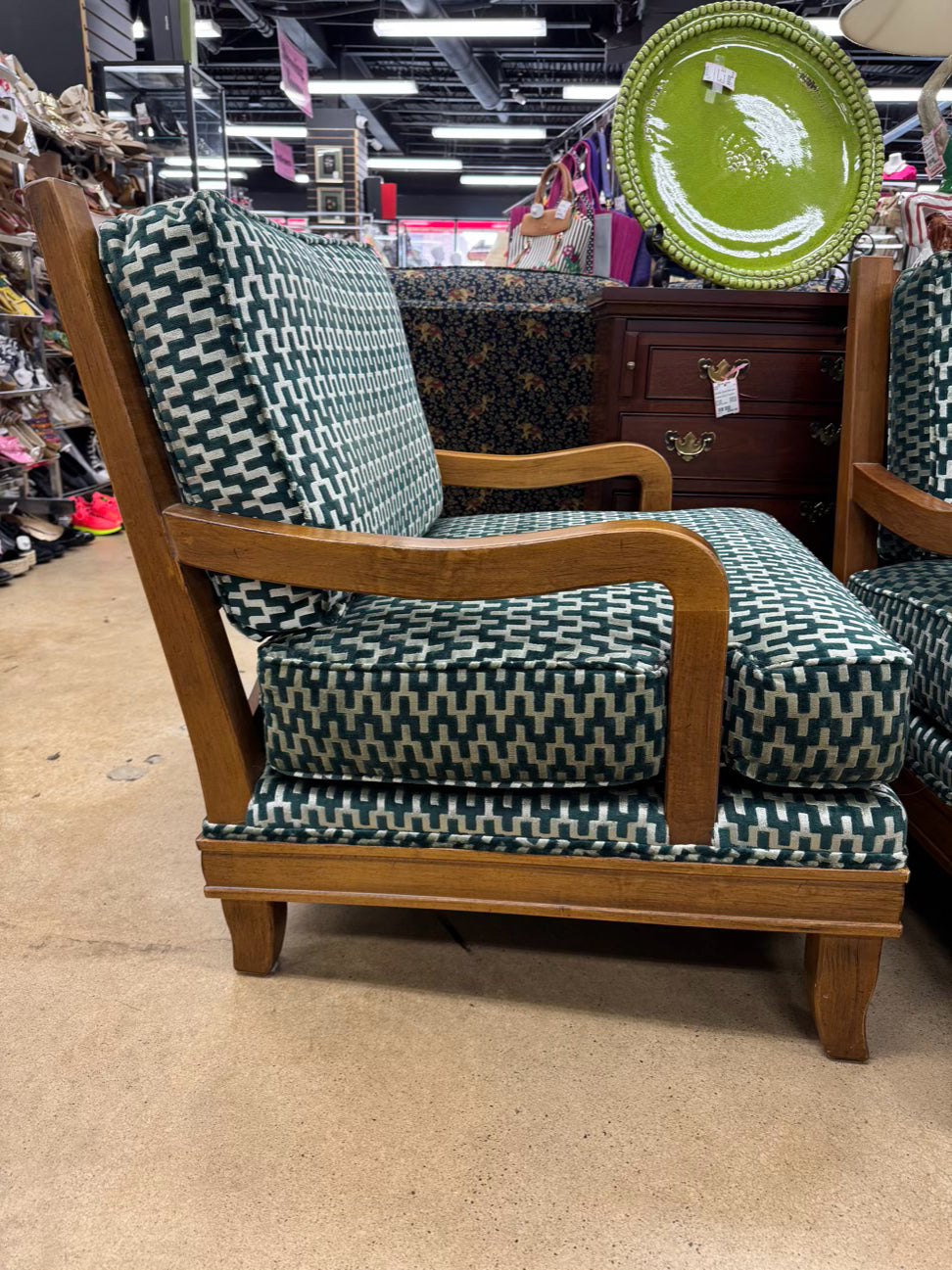 Wood Green Geometric Upholstered Pair of Chairs w/ Ottoman