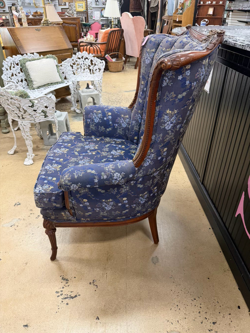 HOLLYWOOD REGENCY Blue, Yellow & Pink Carved Barrel Back Chair