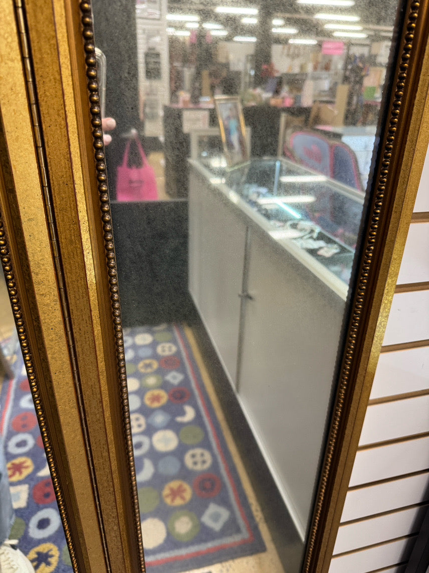 Gold Wood Trifold Mirror