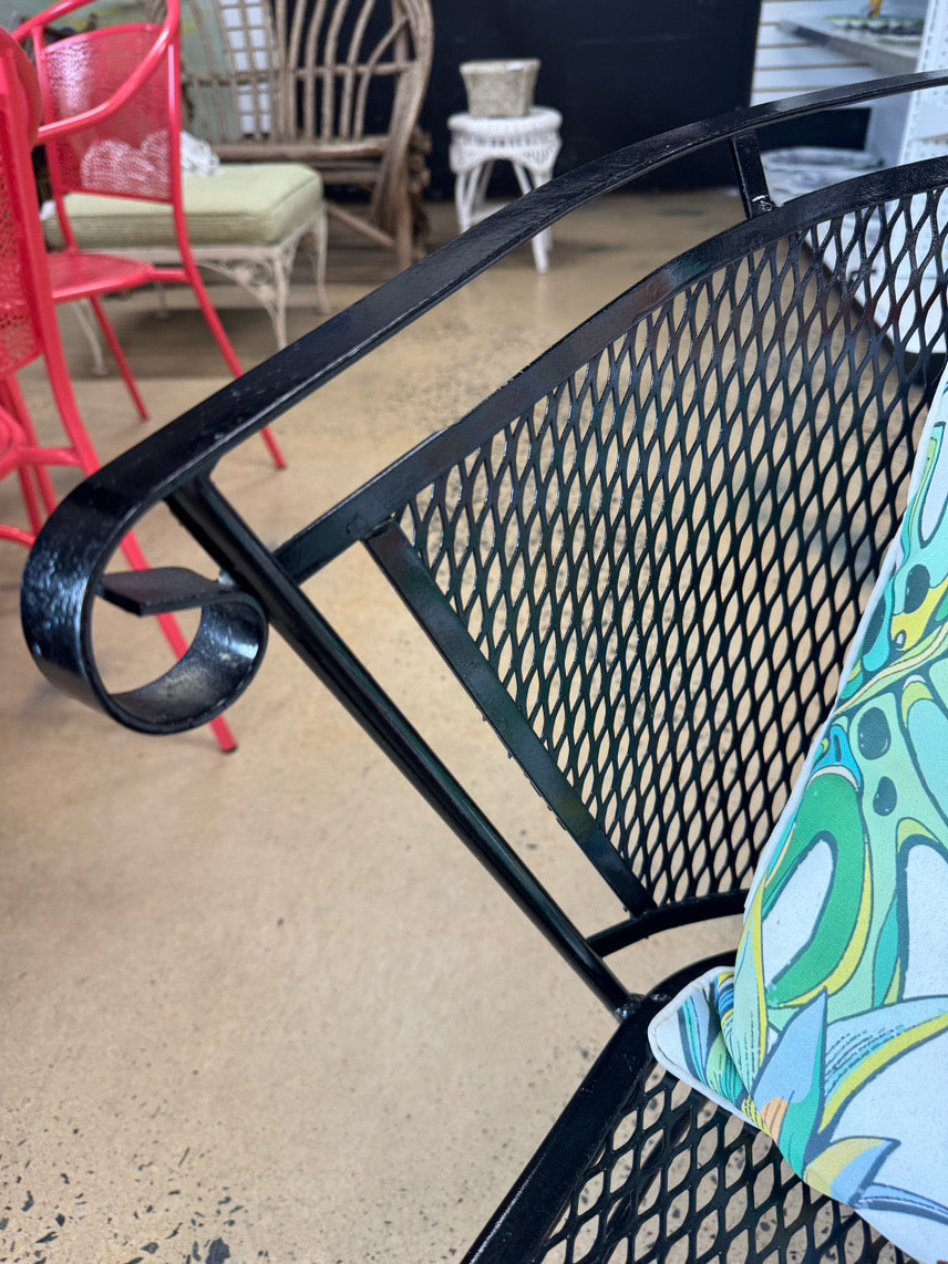 VINTAGE Black Wrought Iron Pair of Chairs w/ Pillows