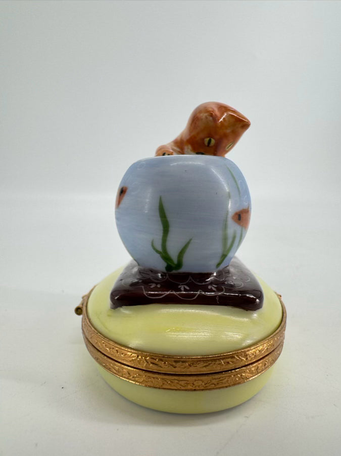 LIMOGES Orange & Blue Cat & Fishbowl Ceramic Trinket Box