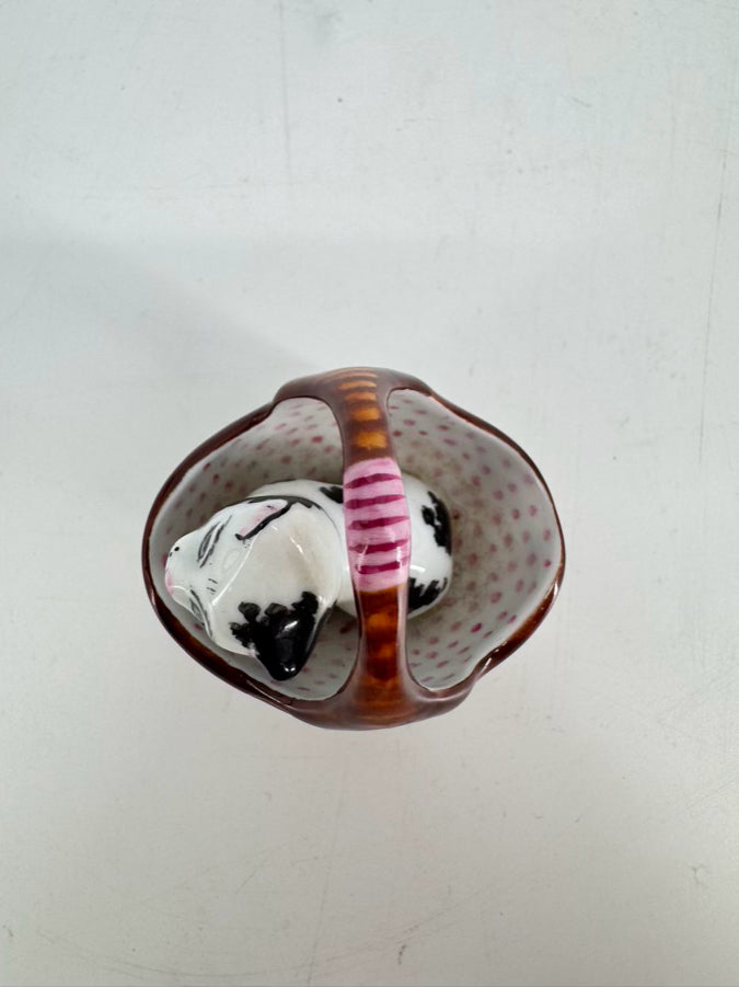 LIMOGES Brown, Black & White Cat in Basket Ceramic Trinket Box