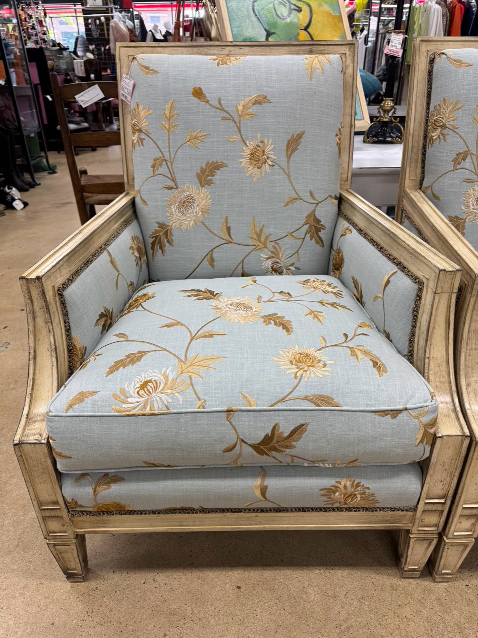 TAYLOR KING Cream & Blue Floral Upholstered French Pair of Chairs