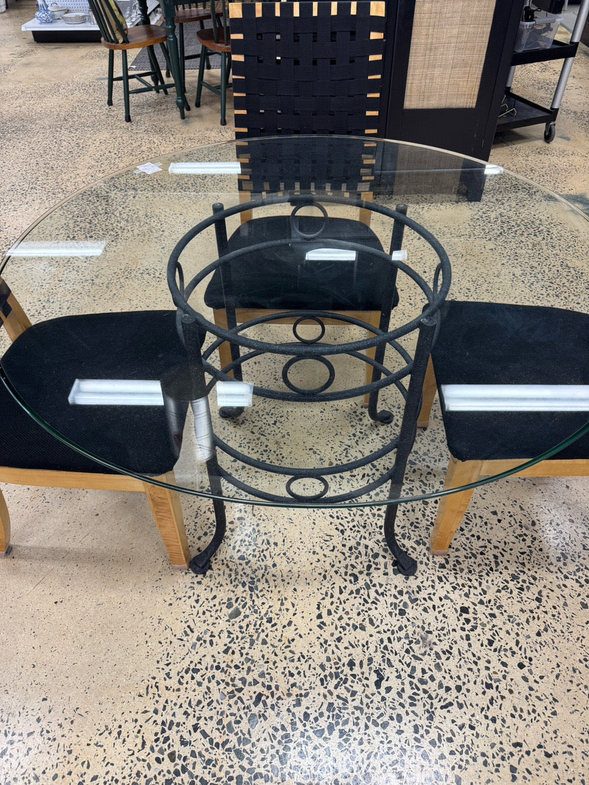 Black Wrought Iron Round Glass-Top Table w/ Set of 4 Wood Upholstered Woven Back Chairs