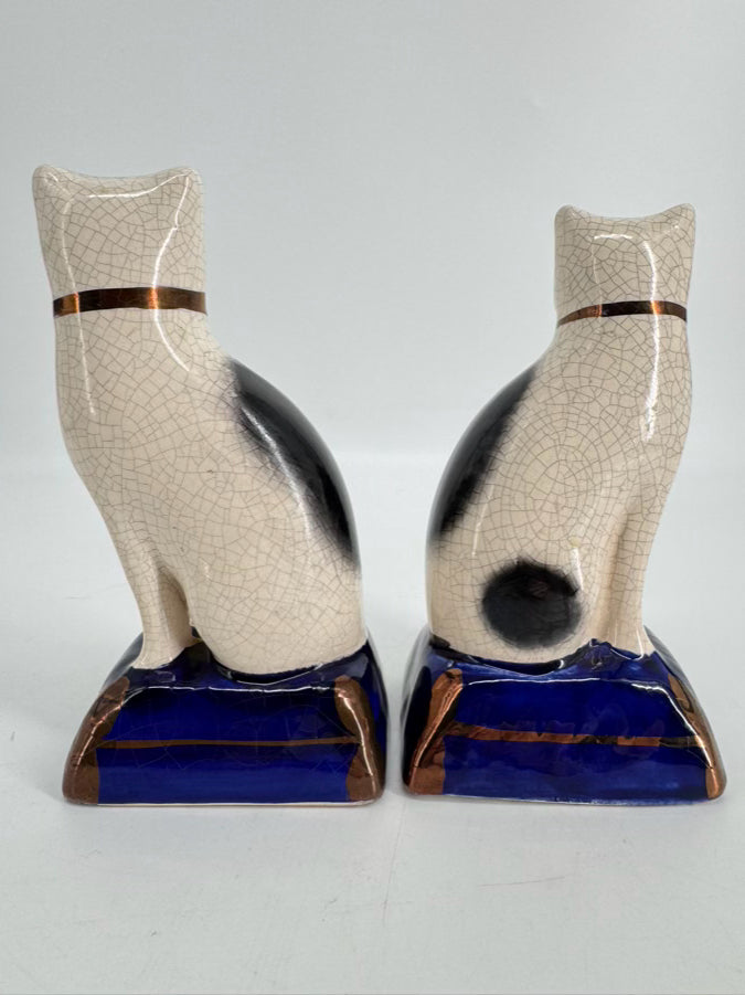 Black, White & Blue Ceramic Staffordshire Pair of Cat Figurines