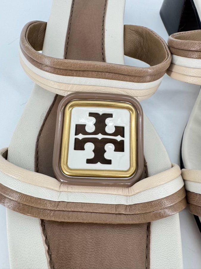 TORY BURCH Size 8.5 Brown & Cream Leather Logo Kitten Heels