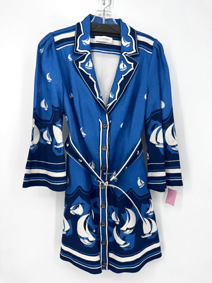 ZIMMERMANN Size 2 Blue Linen Sailboat Button Up Dress