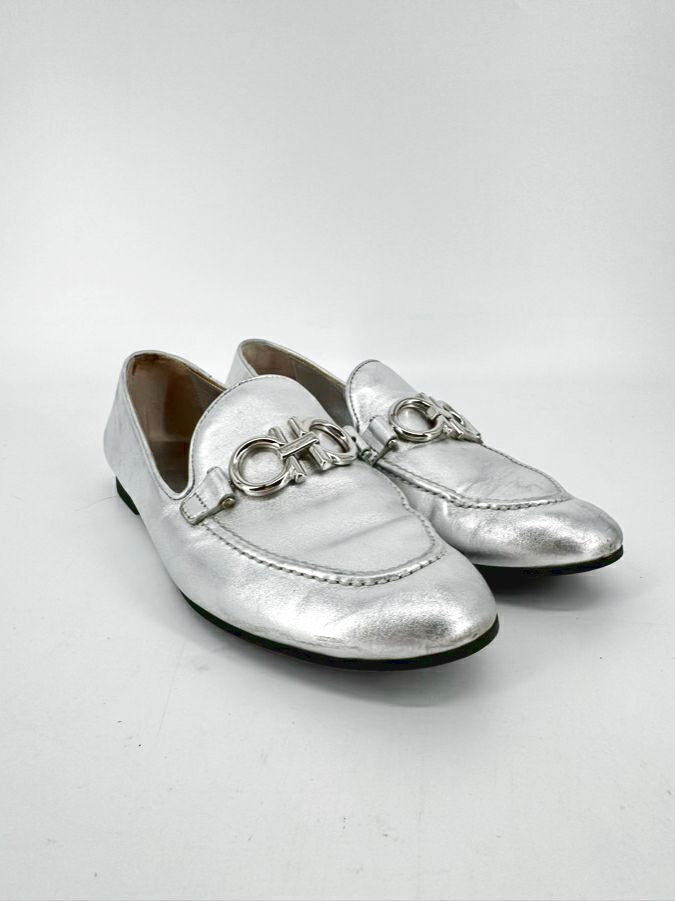 SALVATORE FERRAGAMO Size 8 Silver Leather Loafers